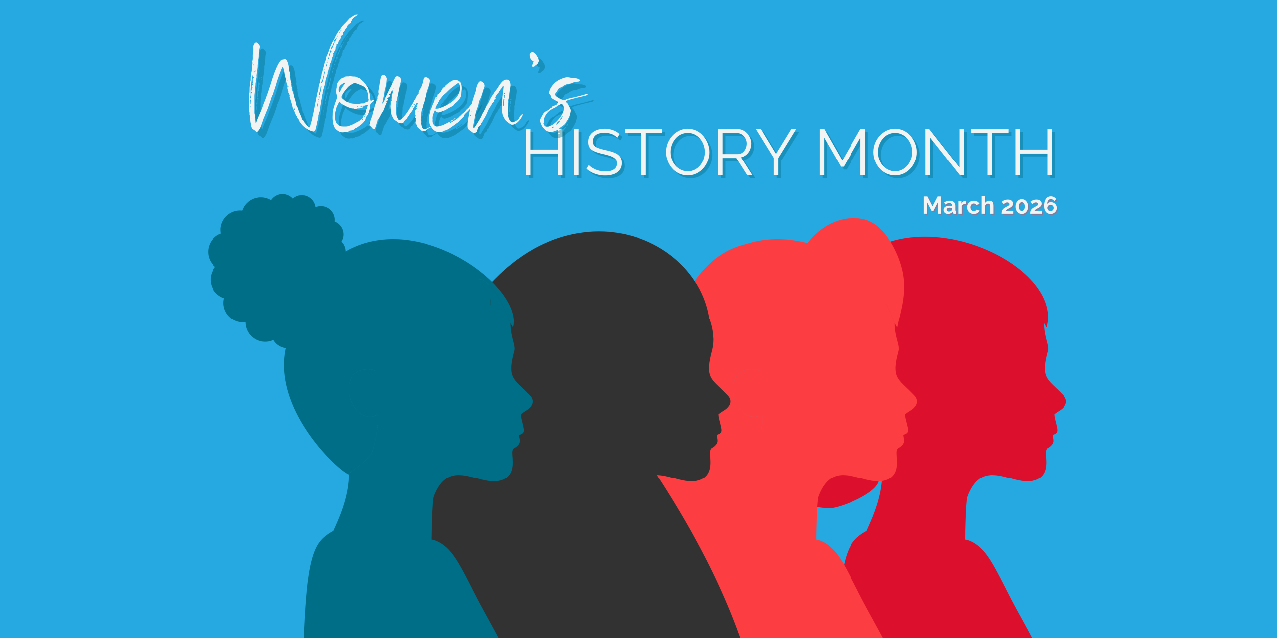 decorative banner announcing women's history month featuring the silhouettes of four women